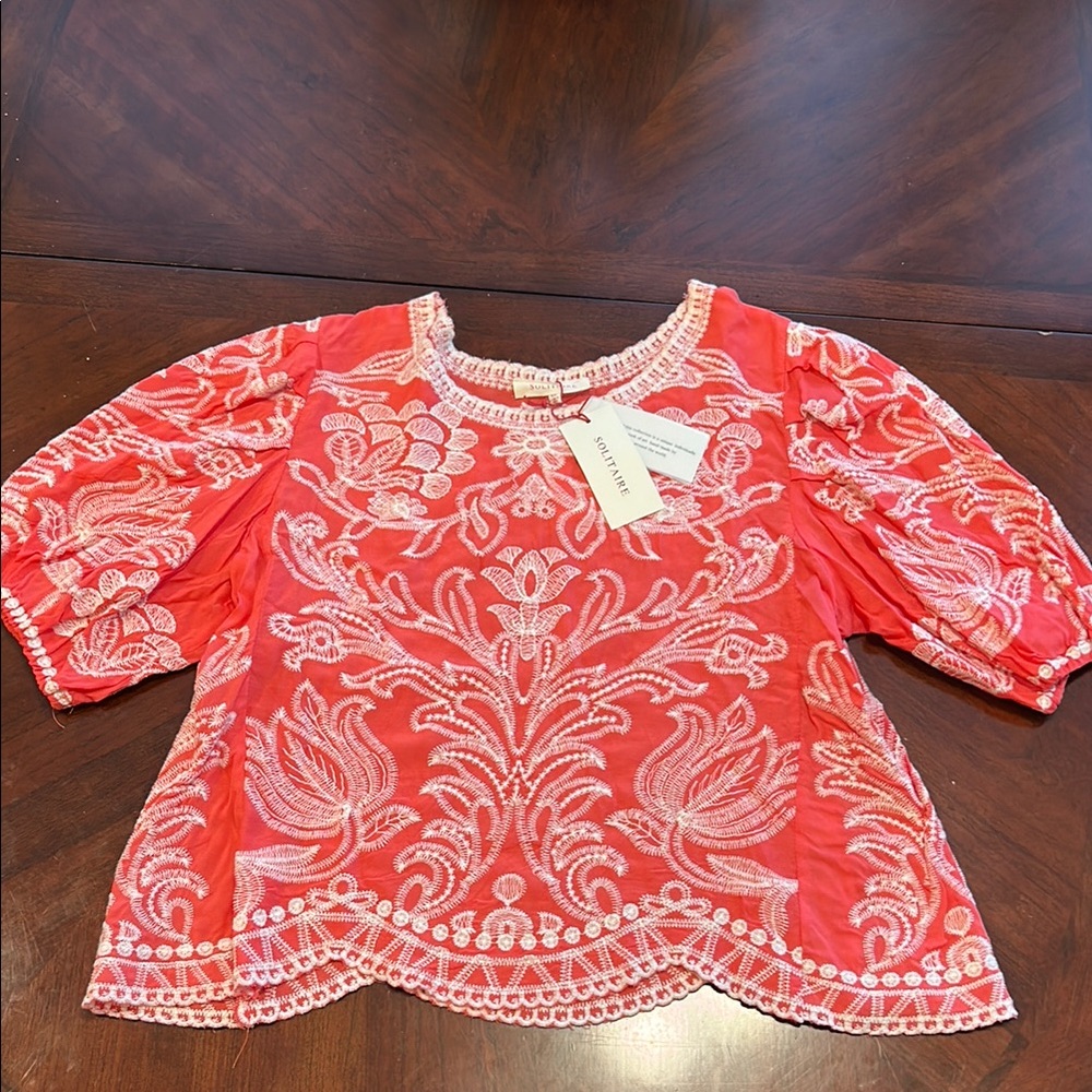 Solitaire Coral and White Embroidered Top